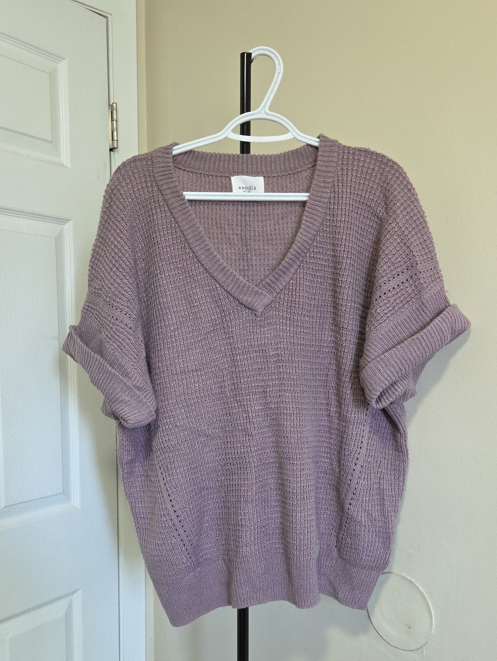 Andree Mauve V-Neck Short Sleeve Knit Sweater